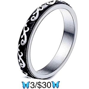 Stainless Steel Ocean Wave Black/Silver Tone Unisex Fidget Spinner Ring, Size 11